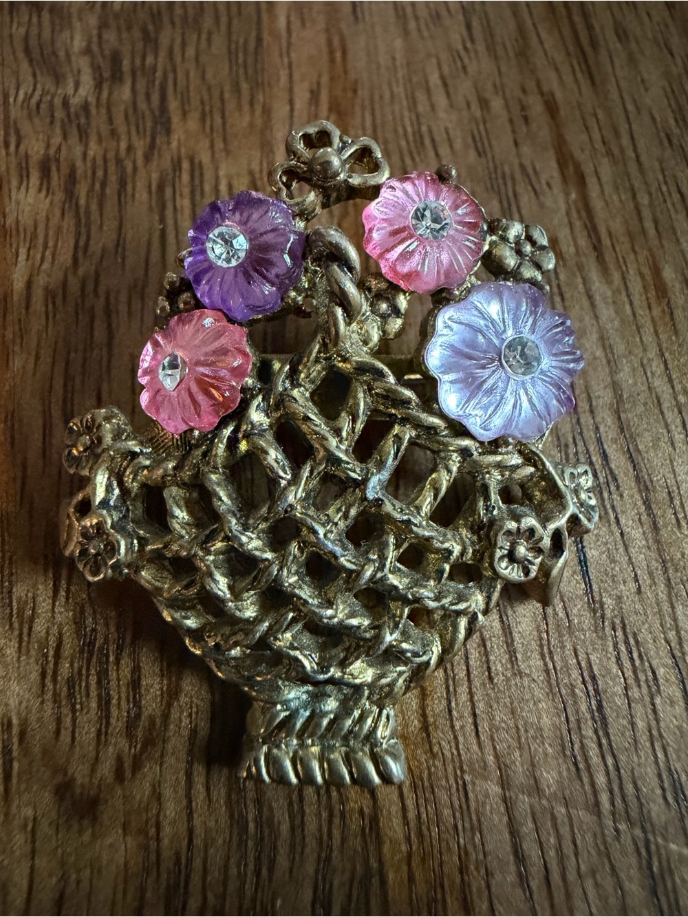1928 Vintage Gold-Tone Floral Basket Brooch Pink & Purple Lucite Flower Accents